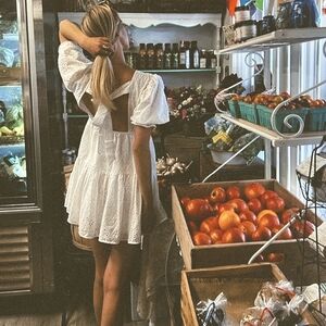 Revolve Misa Los Angeles White Eyelet Cotton Puff Sleeve Bow Back Mini Dress